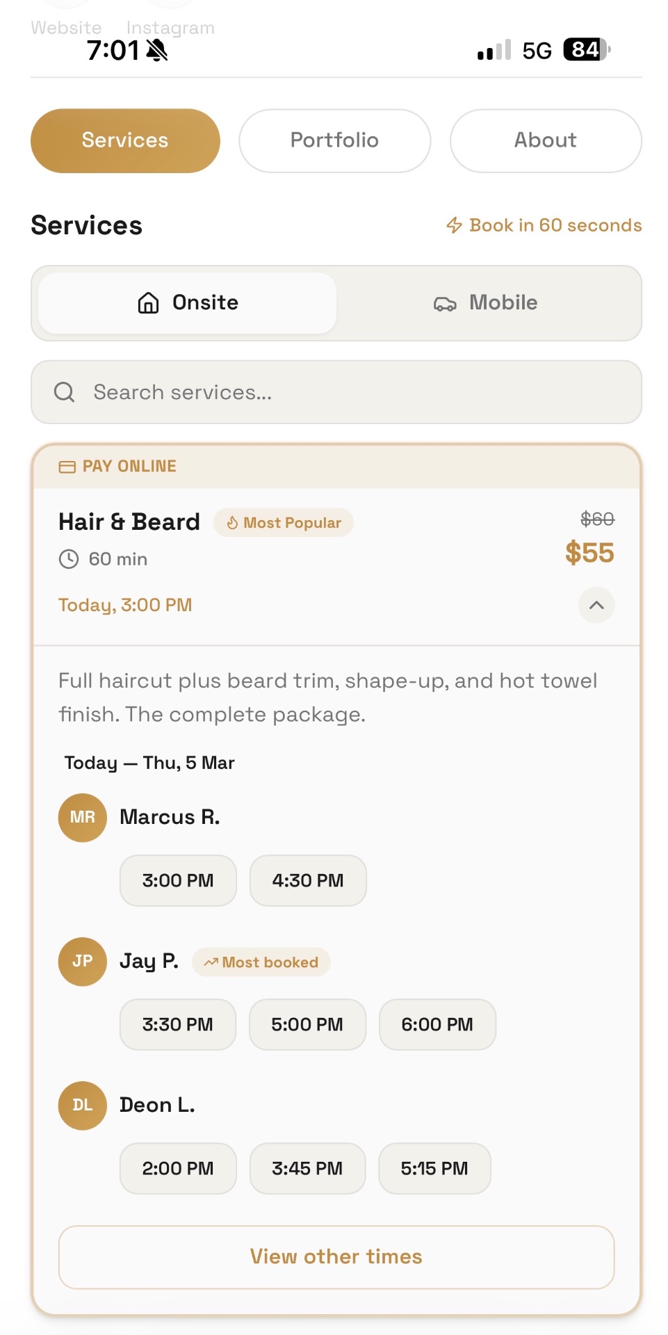 Online barber booking flow — no app download required